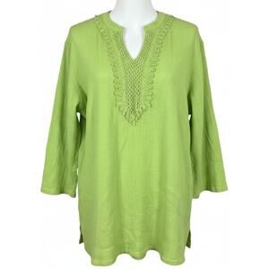 Appleseeds Tunic Blouse Womens Plus 2X Green Textured Crochet Neck Boho BLEMISH